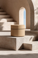Matte beige jar on textured steps, minimal style, sunny day concept