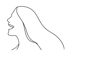 Woman profile line drawing long hair open mouth laughing