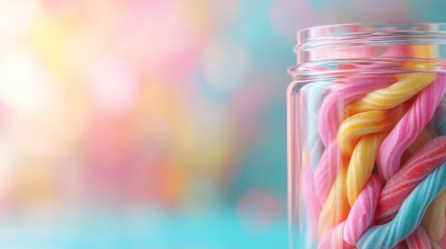 A vibrant jar filled with twisted colorful candy showcases a delightful assortment of sweet treats, perfect for tempting anyone with a sweet tooth on any occasion.