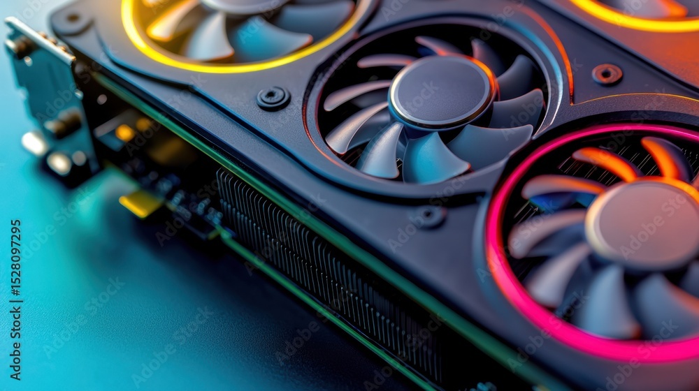Poster close-up view of a cooled gpu block displaying liquid cooling technology with visible fans and color