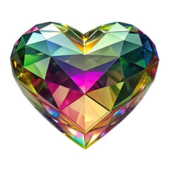 Gemstone heart shaped with faceted surfaces reflection rainbow shades of green, yellow, pink, purple, creating vibrant colors and intricate facets, isolated on transparent background, cutout, png.