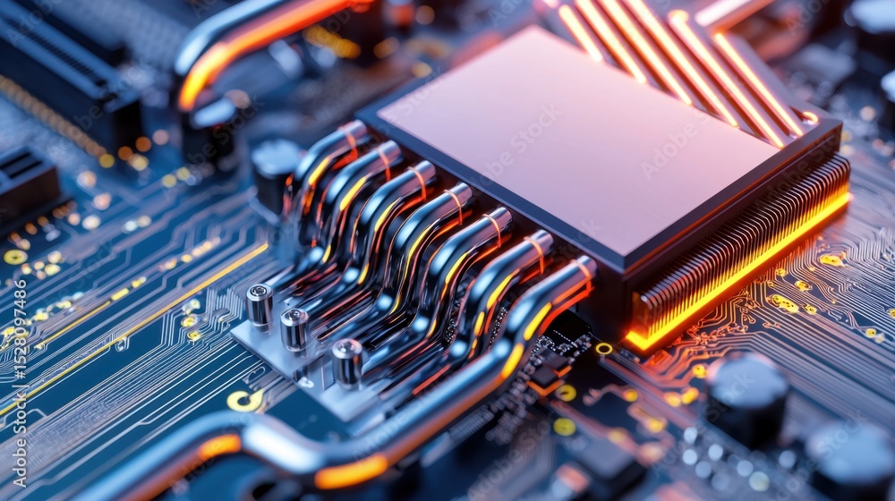 Poster close-up view of liquid-cooled gpu block with visible cooling tubes and heat sink on circuit board i
