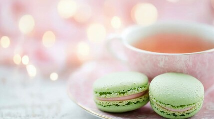 Obraz premium Enjoying a delightful afternoon tea with green macarons and herbal infusion