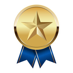 Golden award medal with blue ribbons and star for sport and games