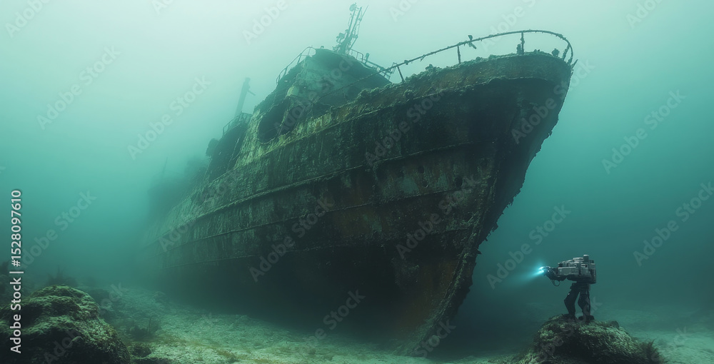 Poster a robotic submarine explores the remains of a shipwreck resting beneath ocean waters. the diver illu
