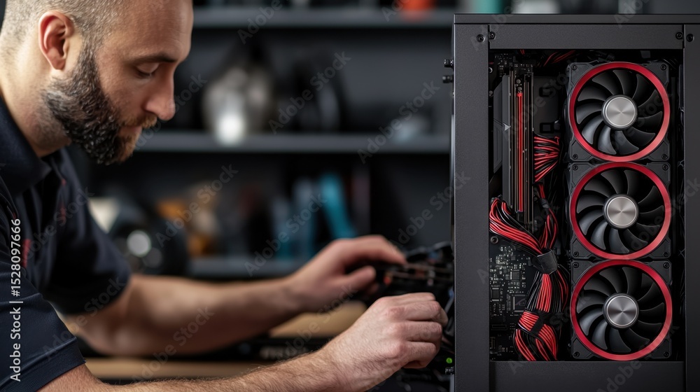 Poster enthusiastic diy gamer customizing a high-performance gaming pc with powerful gpu and stylish coolin
