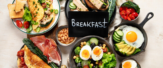 Breakfast food concept. Various ways of cooking chicken eggs.