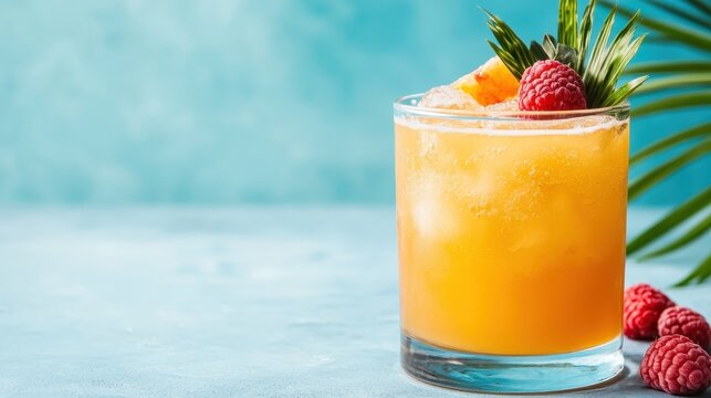 A vibrant cocktail garnished with fresh fruits like raspberries and an orange slice, exuding a refreshing and summery vibe, perfect for enjoying on a sunny day.