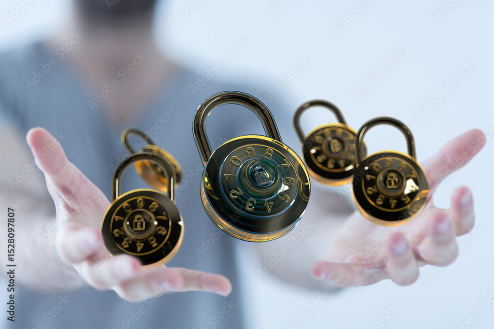 Poster Safeguard your information with strong encryption.  Image shows multiple digital combination locks.