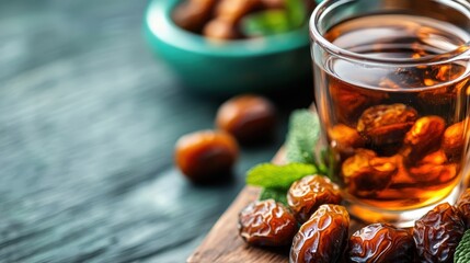 A photo of a glass of date syrup drink accompanied by fresh dates and mint leaves, portraying a refreshing delicacy that is both delicious and healthy, ideal for the discerning palate.