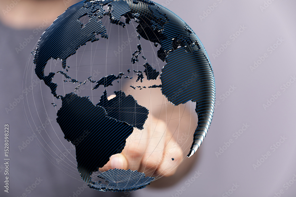 Poster High-quality stock photo of a hand interacting with a 3D model of the Earth, symbolizing global connectivity and networking.
