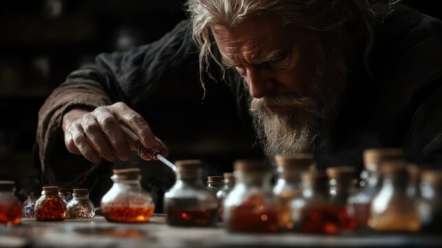 An elderly man meticulously crafts potions in a cozy workshop filled with glass vials, showcasing the art of alchemy and the mysteries of ancient knowledge.