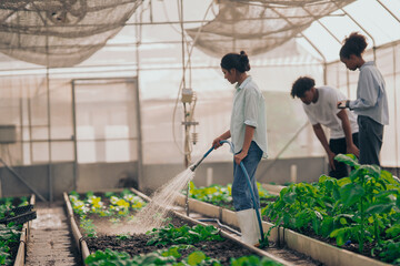 Group of young people  learning about farming, farming, and cultivation in a greenhouse.