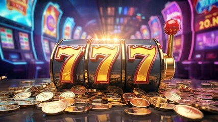 Lucky triple sevens slot machine winning jackpot casino game gambling vegas style chance for big money prize