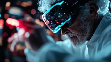 An elderly man exploring a virtual reality world with futuristic goggles, showing fascination and engagement, symbolizing the blending of technology with the human experience, regardless of age.