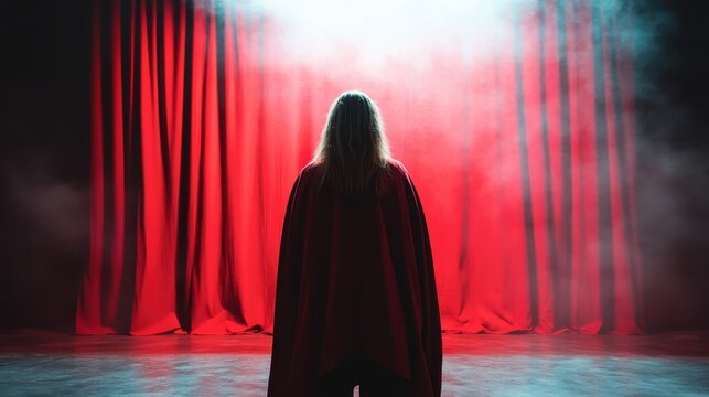 A captivating image of a mysterious figure cloaked in a red cape standing in front of dramatic red curtains, evoking an atmosphere of suspense and intrigue in this theatrical scene.