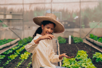 girl students test, research, land for agriculture, farming, household cultivation.