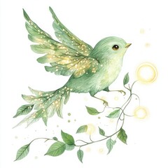 Watercolor illustration of a light green bird in flight, with gold glitter accents on its wings and tail, perched on a vine with glowing leaves and bokeh