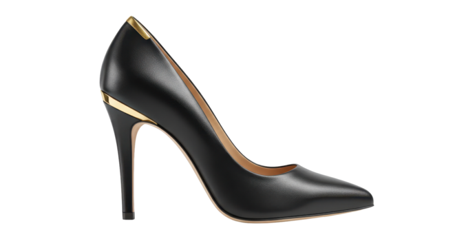 Isolated Elegant Black High Heel Shoe with Golden Accent