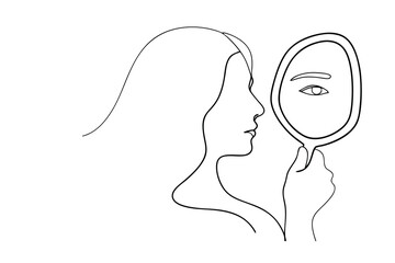 Woman looking at herself in a hand mirror line drawing