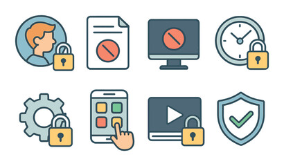 Parental Control Concept isometric set. Child profile with lock, restricted content icon, blocked screen, time lock icon, settings with padlock, app