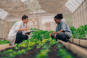  man and young women  learning about farming, farming, and cultivation in a greenhouse.