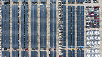 Aerial top view of car park with solar panel photovoltaic, Solar panel photovoltaic installation on roof of car parking lot, Alternative electricity source sustainable resources.