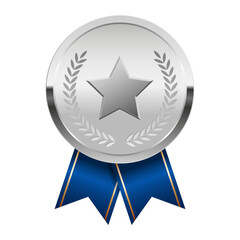 Silver award medal with blue ribbons and star for sport and games