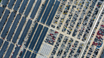 Aerial top view of car park with solar panel photovoltaic, Solar panel photovoltaic installation on roof of car parking lot, Alternative electricity source sustainable resources.