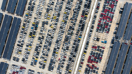 Aerial top view of car park with solar panel photovoltaic, Solar panel photovoltaic installation on roof of car parking lot, Alternative electricity source sustainable resources.