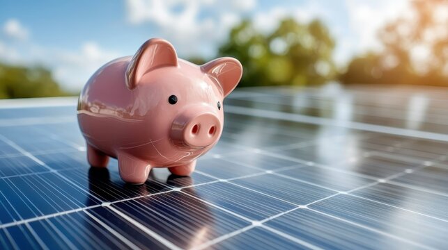 A cheerful piggy bank sits atop solar panels, representing sustainable finance and renewable energy, ideal for promoting eco-friendly living and savings initiatives.