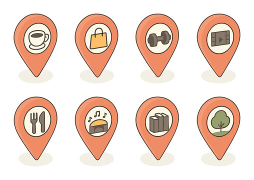 Pin with activities isometric set. cafe pin icon, shopping bag location, gym with pin, movie location, pin with fork and knife, concert venue icon, library