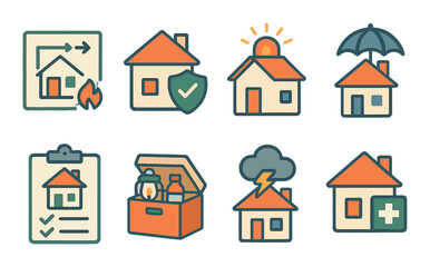 Fototapeta premium Emergency and safety houses isometric set. fire escape plan, house with shield, alarm light on roof, home insurance icon, safety checklist, emergency