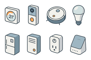 Smart Home Devices Concept isometric set. Smart thermostat, video doorbell, robotic vacuum, smart lightbulb, connected fridge, air purifier, smart plug.