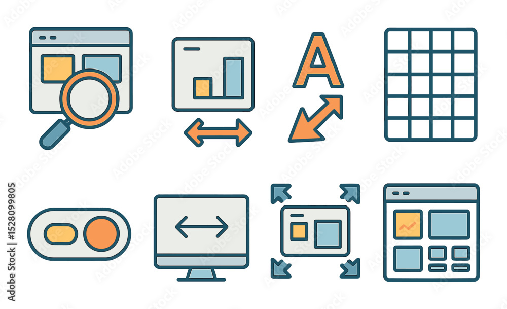 Wall mural interface scaling concept isometric set. ui zoom, layout adjust, font size icon, responsive grid, sc