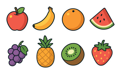 Fruits Concept isometric set. Apple, banana, orange, watermelon slice, grapes, pineapple, kiwi, strawberry
