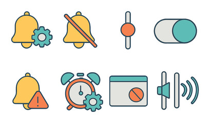 Notification control icons isometric set. bell with cog, mute alert icon, notification slider, do not disturb toggle, priority alert, alarm clock settings.
