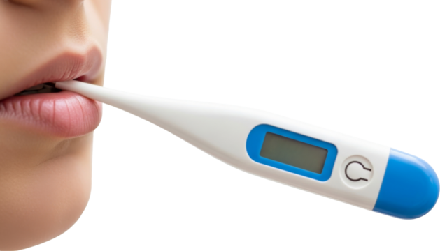 Close-up of a person using a digital thermometer orally. The thermometer is white and blue with an LCD screen and power button, demonstrating home health care and temperature monitoring. - Powered by Adobe