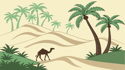 Desert oasis illusion: Pixel-art jungle floating above sand dunes. 16-bit style palm trees (limited 8 colors). Holographic glitch effects. Flat beige desert foreground. Digital mirage concept