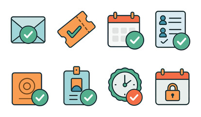 Event Confirmation Concept isometric set. RSVP check, ticket approved, calendar event confirmed, guest list tick, invitation accepted, entry pass valid.