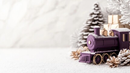 Christmas train decoration surrounded by pine trees and gifts