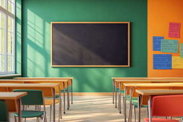 Classroom interior with empty desks, blackboard, and colorful educational posters.