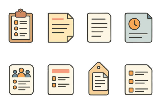 Meeting and work notes isometric set. clipboard with agenda, office note memo, typed meeting summary, note with timestamp, team discussion notes.