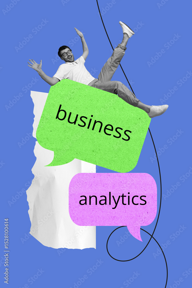 Poster 3d sketch image vertical collage of happy businessman lay bubble stack business analytic development