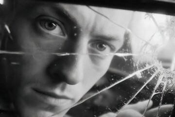 A scary book cover background features a mysterious woman dressed in black, her face hidden behind a white mask, standing amidst a scattering of shattered glass