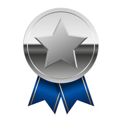 Silver glossy mirror medal with blue ribbons and star for sport and games