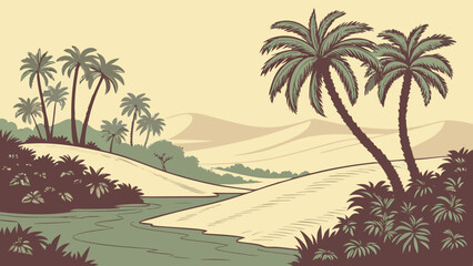 Desert oasis illusion: Pixel-art jungle floating above sand dunes. 16-bit style palm trees (limited 8 colors). Holographic glitch effects. Flat beige desert foreground. Digital mirage concept