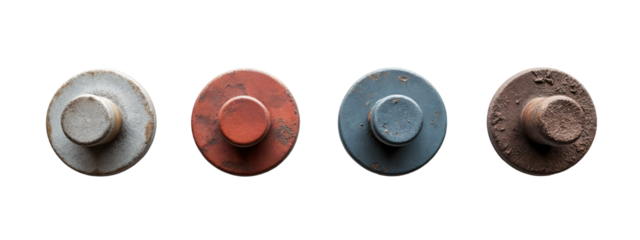 A set of four different colored metal objects