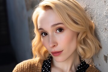 A conservative and unfashionable plain Jane is captured in a headshot while wearing a bizarre nerdy outfit