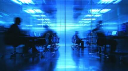 Blue office interior with blurred business people, empty chairs and desks, workers in motion blur, modern corporation workplace with busy activity and technology